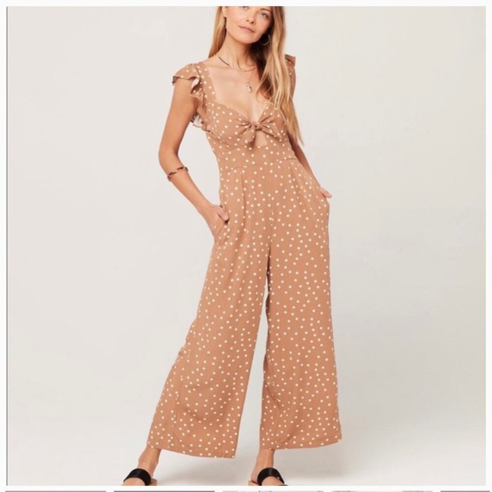 L Space Polka Dot Ruffle Jumpsuit Brown Sleeveless Tie Front Size Medium